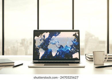 Abstract digital world map on modern computer monitor, big data and blockchain concept. 3D Rendering