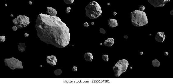 Abstract display meteorite rock, stone asteroid float outer space galaxy planet dark black white of astronomy universe cosmos or interstellar. clipping path. Wallpaper web banner. 3D Illustration.