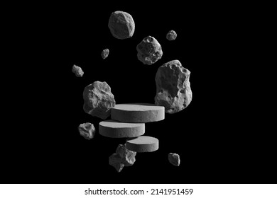 Abstract Display Podium Rock Stone Asteroid Float Outer Space Galaxy Product Stand Cosmetic Skin Care Advertising Planet Dark Black Concept Universe Stars Cosmos. Clipping Path. 3D Illustration.