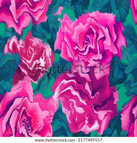 Abstract distorted floral seamless pattern. Expressive deformed red rose buds texture. Modern botanical curvature print. Trendy summer ornament for swim wear, textile, fashion design and surface.
