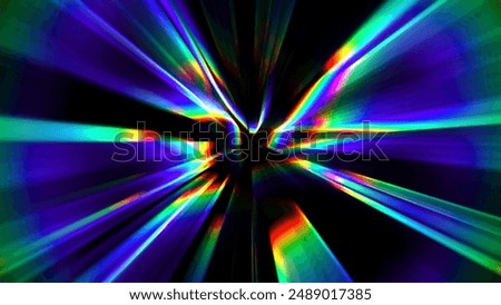 Abstract distortion refraction of rainbow rays with spectral gradient and glow effect through lens on black background. Transparent glare light dispersion effect of rainbows colorful beams. 3d render