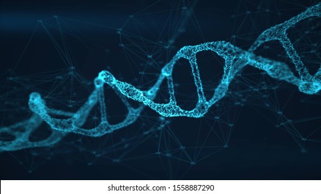 Abstract DNA Double Helix With Depth Of Field. Building Hi-tech DNA Structure From Points And Lines With Data Around. Scientific Biotechnological Glowing Background. 3D Render Illustration