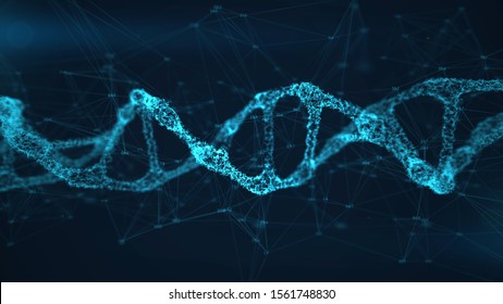 Abstract DNA Double Helix With Depth Of Field. Building Hi-tech DNA Structure From Points And Lines With Data Around. Scientific Biotechnological Glowing Background. 3D Render Illustration