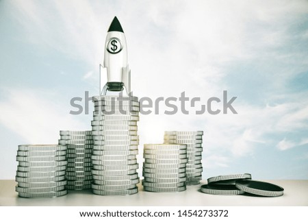 Abstract dollar rocket on silver coins stack. Sky with clouds background. Startup and venture capital concept. 3D Rendering 