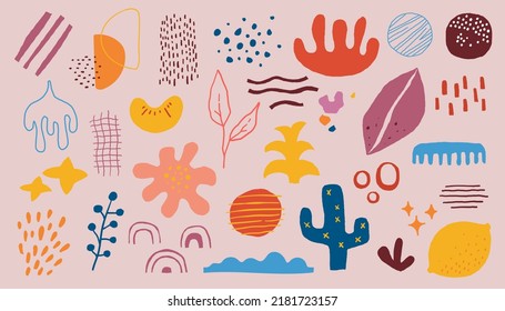 Abstract doodle shape. Free blob shapes, trendy geometric contemporary background, creative cartoon texture for fabric and print. Hand drawn elements on pastel pink illustration