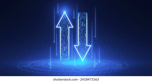 Abstract up and down arrows on dark blue background. The concept of digital traffic or exchange. Business growth or investment ideas. Blue arrow technology background. 3D Rendering