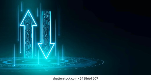 Abstract up and down arrows on dark blue background with mock up place. The concept of digital traffic or exchange. Business growth or investment ideas. Blue arrow technology background. 3D Rendering