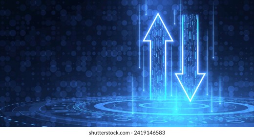 Abstract up and down arrows on dark blue backdrop. The concept of digital traffic or exchange. Business growth or investment ideas. Blue arrow technology background. 3D Rendering