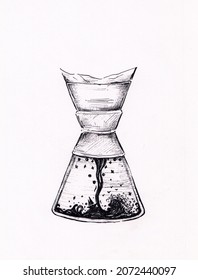 Abstract drawing of fantastic dark filter coffee with sea waves in it. Concept for morning energy drink, fantasy, positive thinking. Ink illustration for cute post card, print, book illustration.
