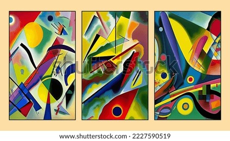 Abstract drawing in a triptych. The painting is done in oil on canvas. Modern art in the style of geometric cubism.