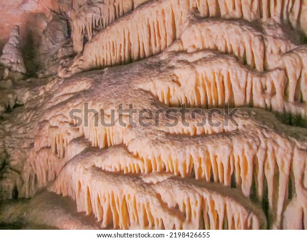 Abstract\
drawing of an underground cave with stalactites and stalagmites.\
Limestone karst formation. Travel and vacation concept. Digital\
painting. Abstract naturalism, relief\
pattern.