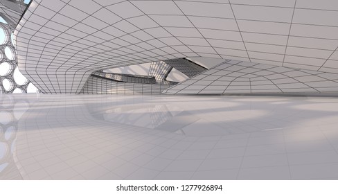 Abstract drawing white interior multilevel public space with window. 3D illustration and rendering.
