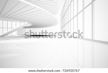 Abstract drawing white interior multilevel public space with window. Polygon black drawing. 3D illustration and rendering.