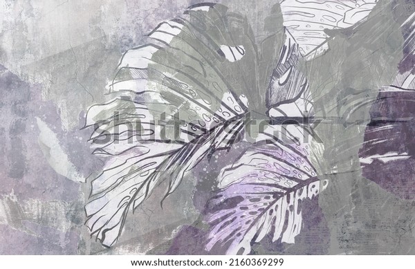 Abstract drawn exotic tropical leaves on concrete grunge wall. Floral background. Design for wallpaper, photo wallpaper, mural, card, postcard.