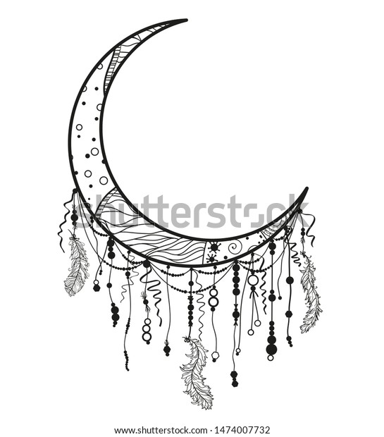 Abstract\
dreamcatcher on white. Design for spiritual relaxation for adults.\
Black and white illustration for\
coloring
