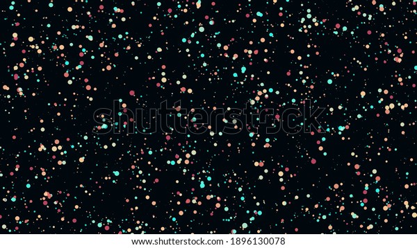 Abstract dust particles background divided\
into two parts. Animation. Colorful small circles floating\
chaotically on black background, seamless\
loop.