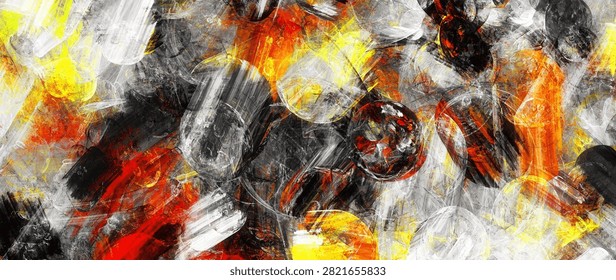 Abstract dynamic background with fiery orange and red brush strokes on textured dark gray backdrop, modern artistic banner with vibrant paint burst and chaotic digital fluid art
