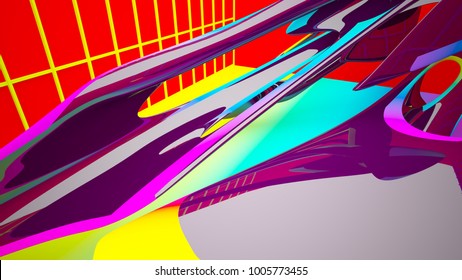 Abstract dynamic interior with black and colored gradient smooth objects. 3D illustration and rendering