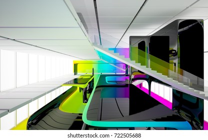 Abstract dynamic interior with black and colored gradient smooth objects. 3D illustration and rendering