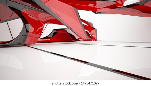 Abstract dynamic interior with black and red gradient smooth objects. 3D illustration and rendering