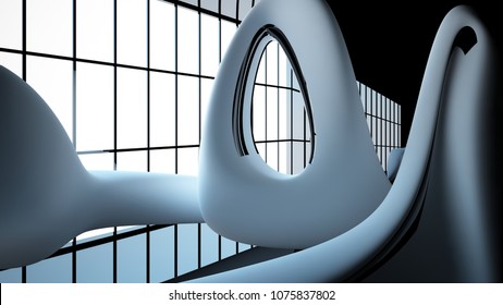 Abstract dynamic interior with black smooth objects. 3D illustration and rendering