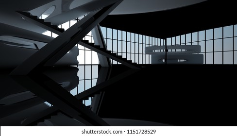Abstract dynamic interior with black smooth objects. 3D illustration and rendering