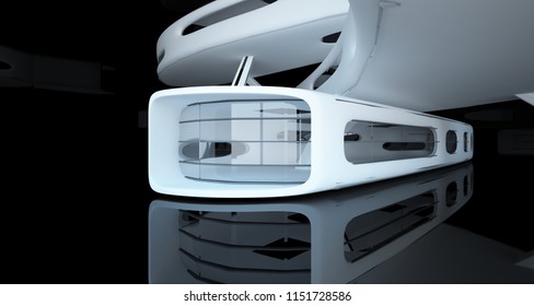 Abstract dynamic interior with black smooth objects. 3D illustration and rendering