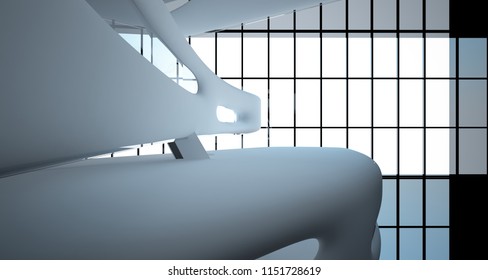 Abstract dynamic interior with black smooth objects. 3D illustration and rendering