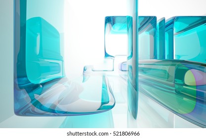 Abstract dynamic interior with blue, yellow and green glass smoth objects. 3D illustration and rendering