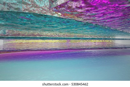 Abstract dynamic interior with brawn, pink and blue glass smoth wave objects. 3D illustration and rendering