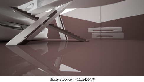 Abstract dynamic interior with brown smooth objects. 3D illustration and rendering