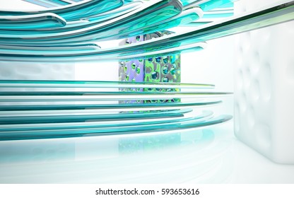 Abstract dynamic interior with colored glass smooth objects and white lines. 3D illustration and rendering