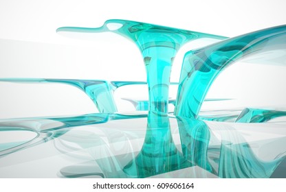 Abstract dynamic interior with colored glass smoth  objects. 3D illustration and rendering