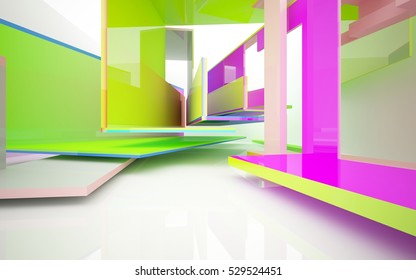 Abstract dynamic interior with gradient colored objects. 3D illustration and rendering
