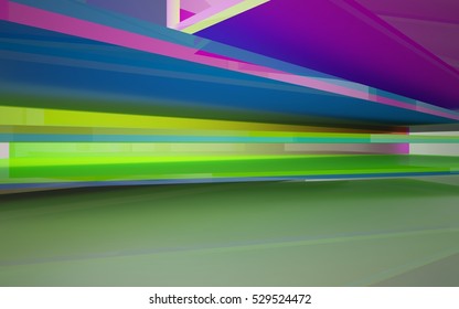 Abstract dynamic interior with gradient colored objects. 3D illustration and rendering