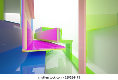 Abstract dynamic interior with gradient colored objects. 3D illustration and rendering
