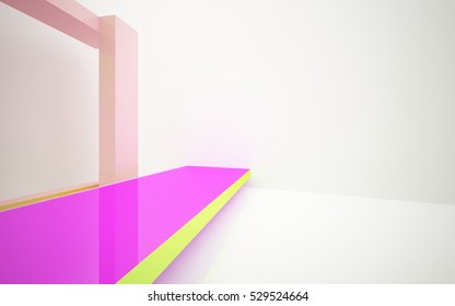 Abstract dynamic interior with gradient colored objects. 3D illustration and rendering