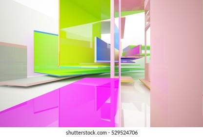 Abstract dynamic interior with gradient colored objects. 3D illustration and rendering