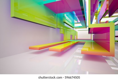 Abstract dynamic interior with gradient colored objects. 3D illustration and rendering