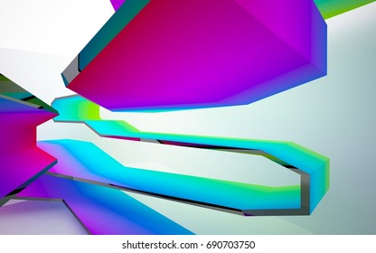 Abstract dynamic interior with gradient colored objects. 3D illustration and rendering