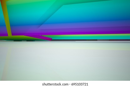 Abstract dynamic interior with gradient colored objects. 3D illustration and rendering