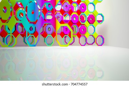 Abstract dynamic interior with gradient colored objects. 3D illustration and rendering