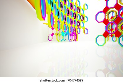 Abstract dynamic interior with gradient colored objects. 3D illustration and rendering