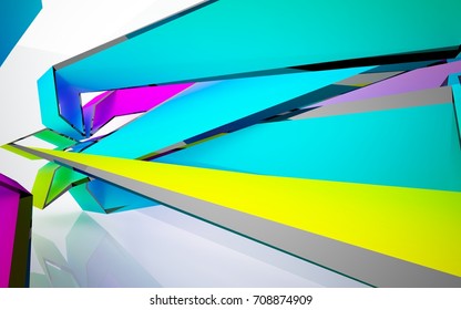 Abstract dynamic interior with gradient colored objects. 3D illustration and rendering
