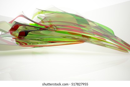 Abstract dynamic interior with red, yellow and green glass smoth objects. 3D illustration and rendering