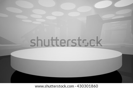 Abstract dynamic interior with white round objects. 3D illustration. 3D rendering