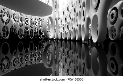 Abstract dynamic interior with white smooth objects and black room . 3D illustration and rendering
