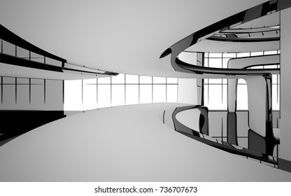 Abstract dynamic interior with white smooth objects and black room . 3D illustration and rendering