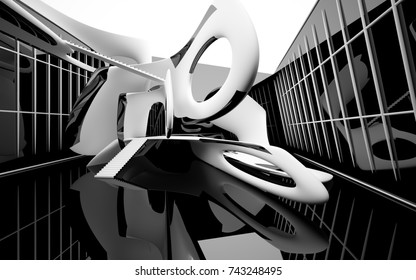 Abstract dynamic interior with white smooth objects and black room . 3D illustration and rendering