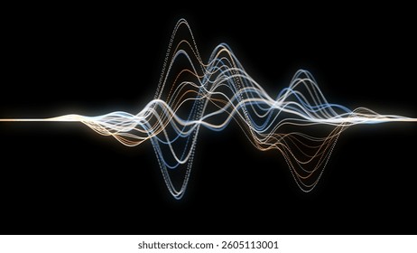 Abstract dynamic music wave. Technology background. Sound equalizer with colors dots. Stock, exchange or cryptocurrency chart. 3d rendering.